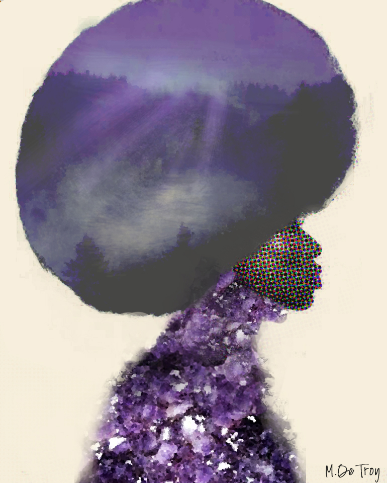 illustration of a woman with a celestial forest afro and amethyst crystal body