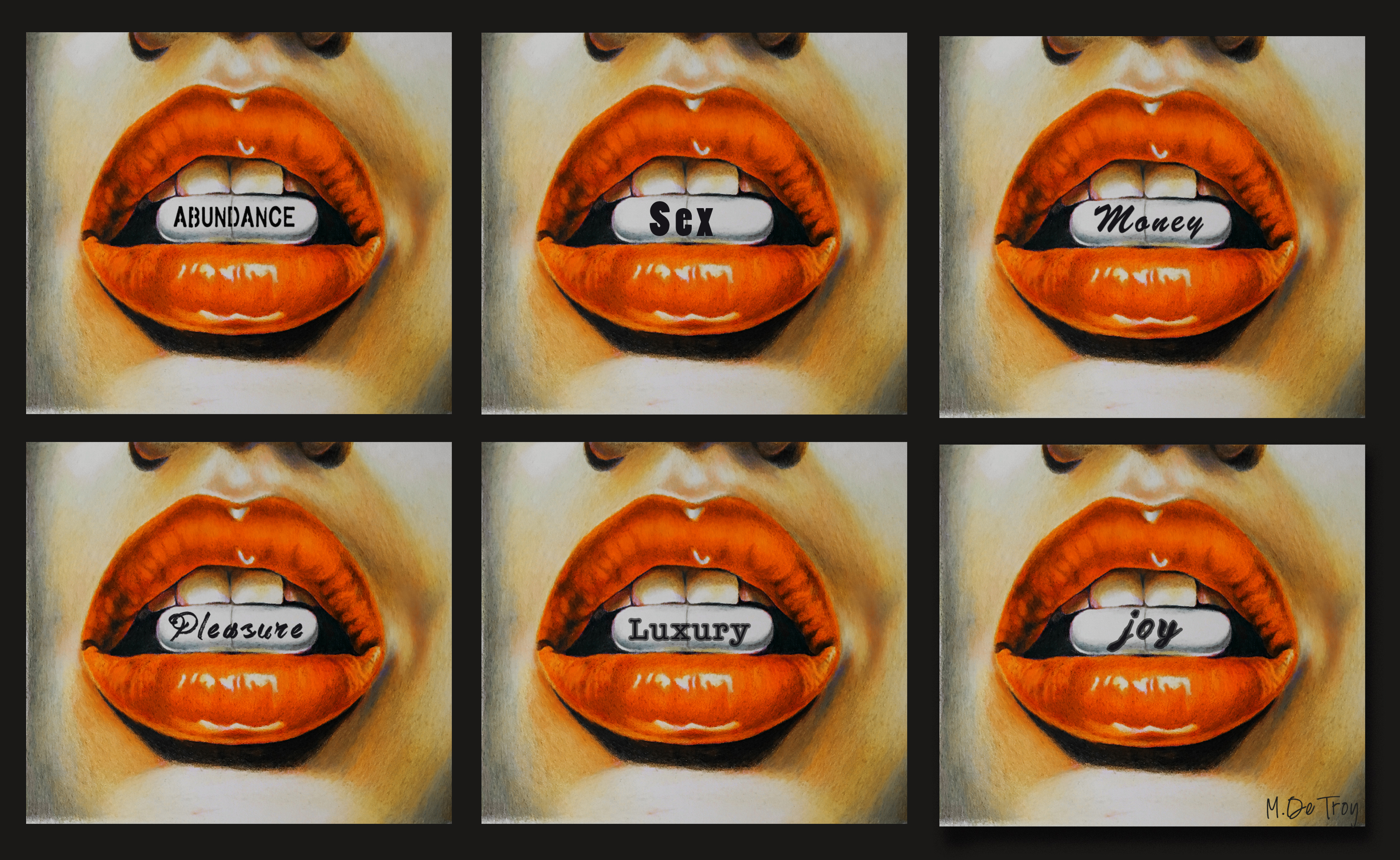 Illustration of glossy orange lips with word stamped pills