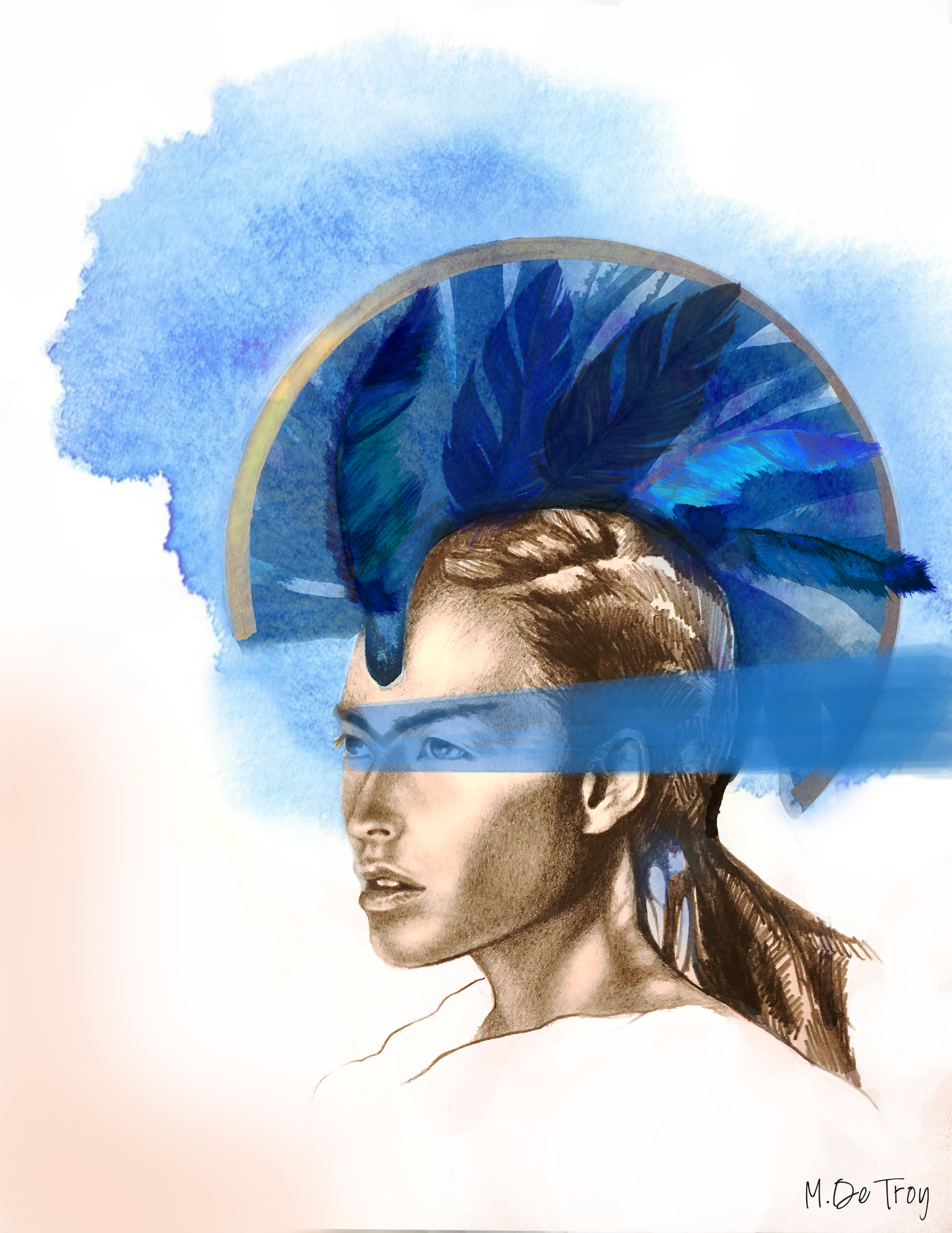 illustration of a woman with a feathered headdress and gold halo