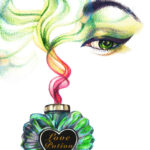 Illustration of a 1950's style woman inhaling from a perfume bottle
