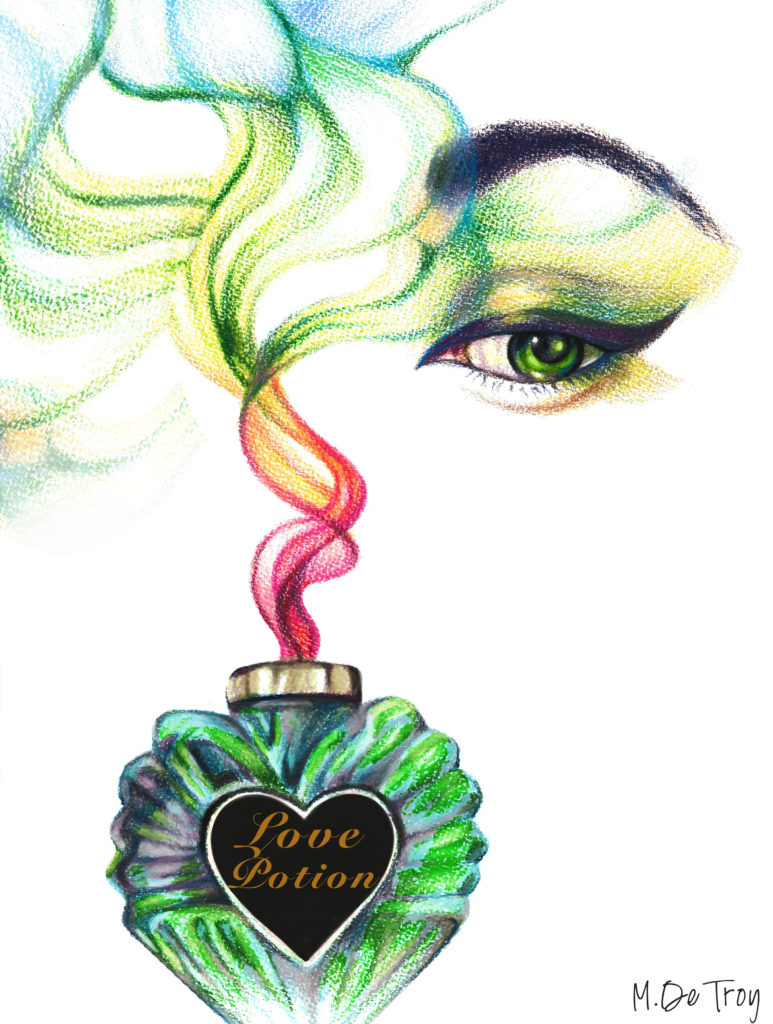 Illustration of a 1950's style woman inhaling from a perfume bottle
