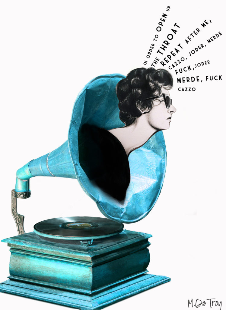 illustration of a vintage gramophone with womans head speaking words of wisdom